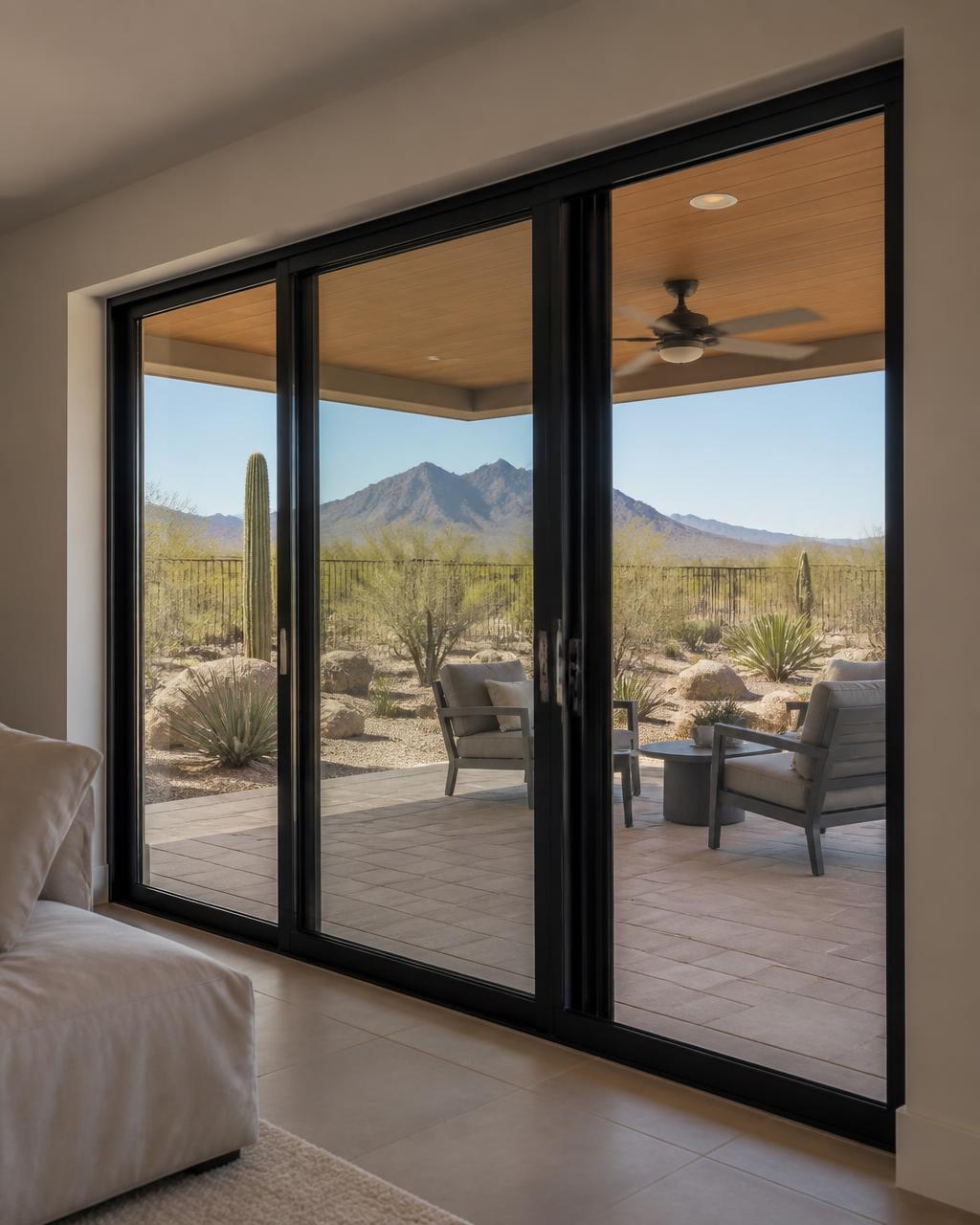 Black-framed multi-panel sliding patio door opening onto a covered desert patio