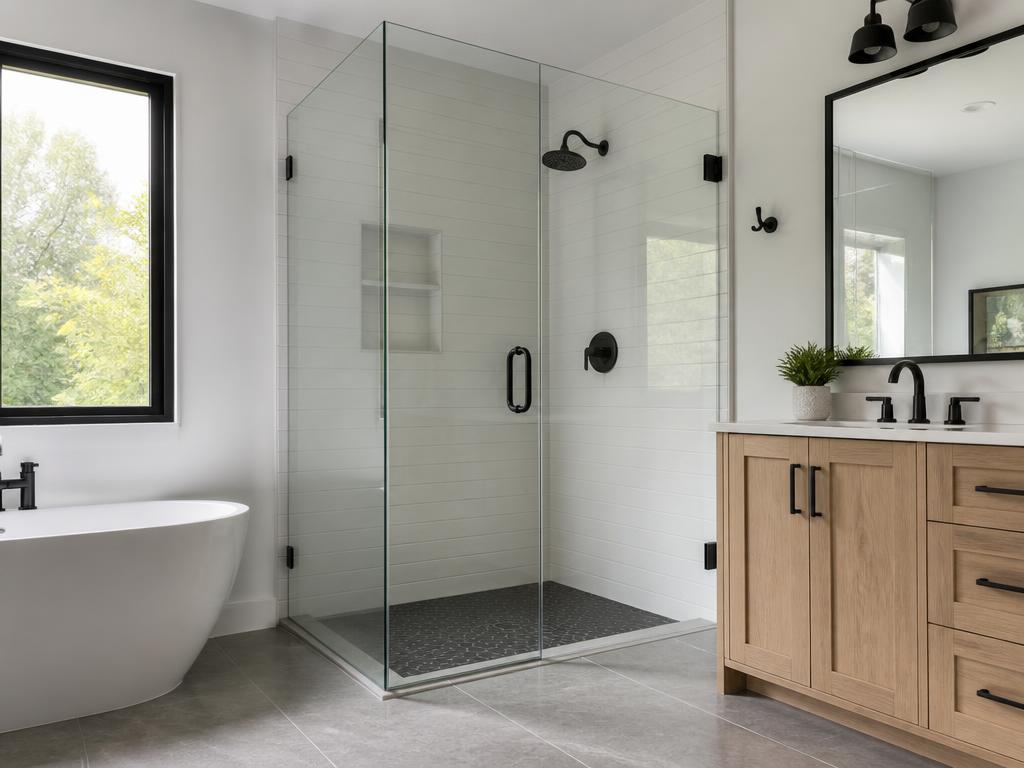 Frameless glass shower enclosure with black hardware in a modern bathroom
