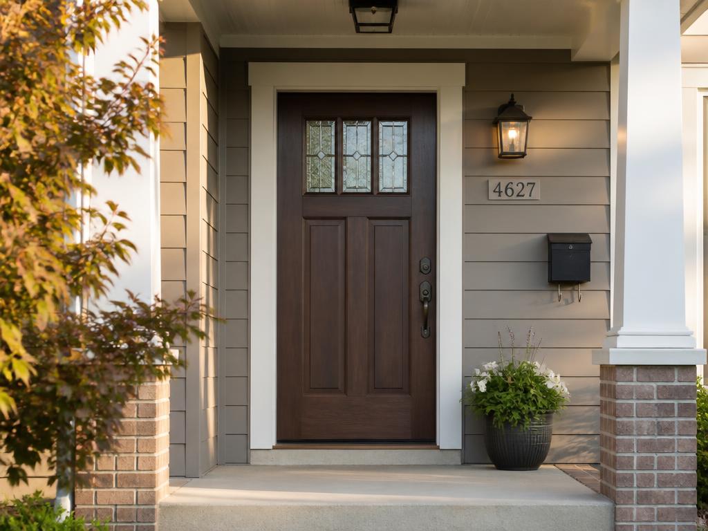 Newly installed craftsman-style fiberglass front entry door on a home