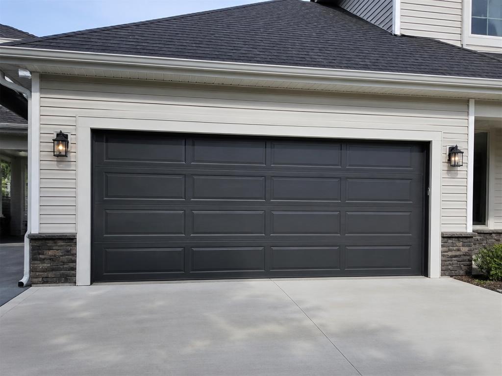 New insulated steel garage door installed on a two-car garage