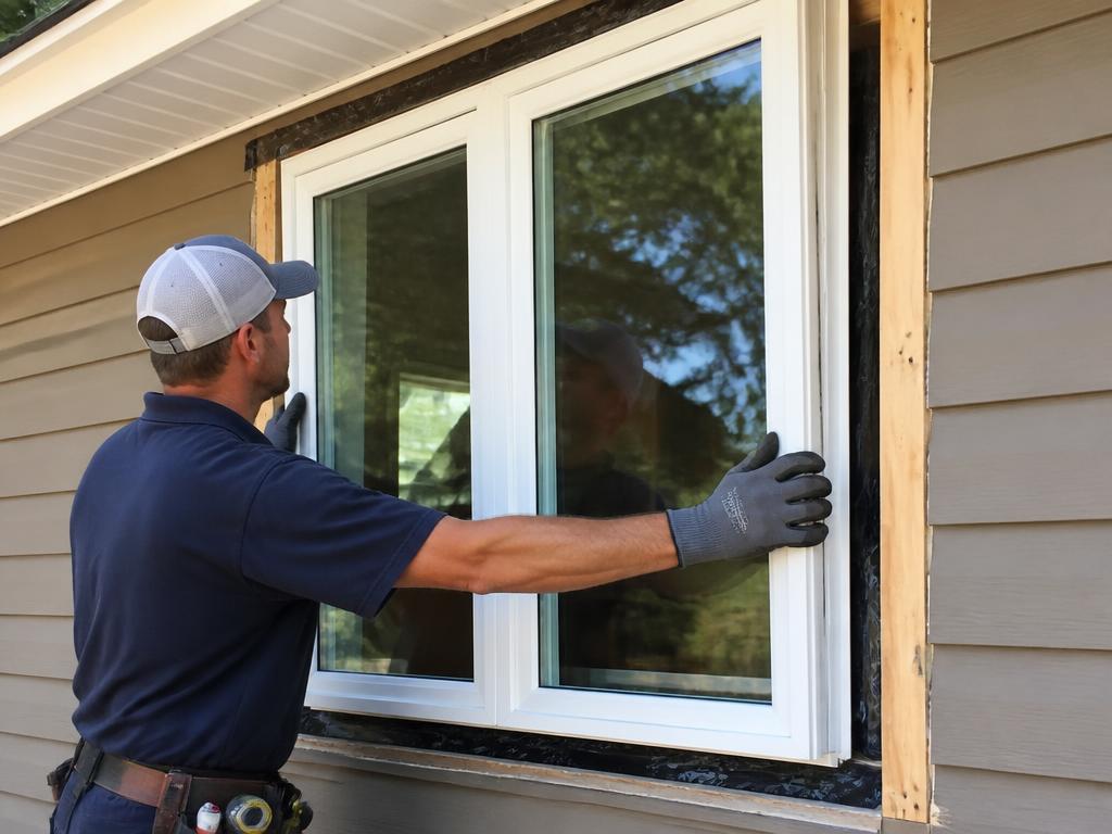 Installer fitting a new double-pane vinyl window into a home exterior