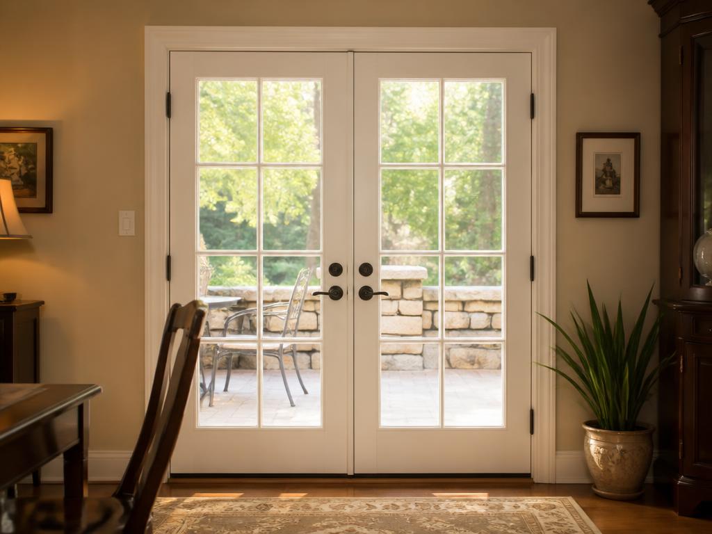 White french doors with divided-lite glass opening onto a stone patio
